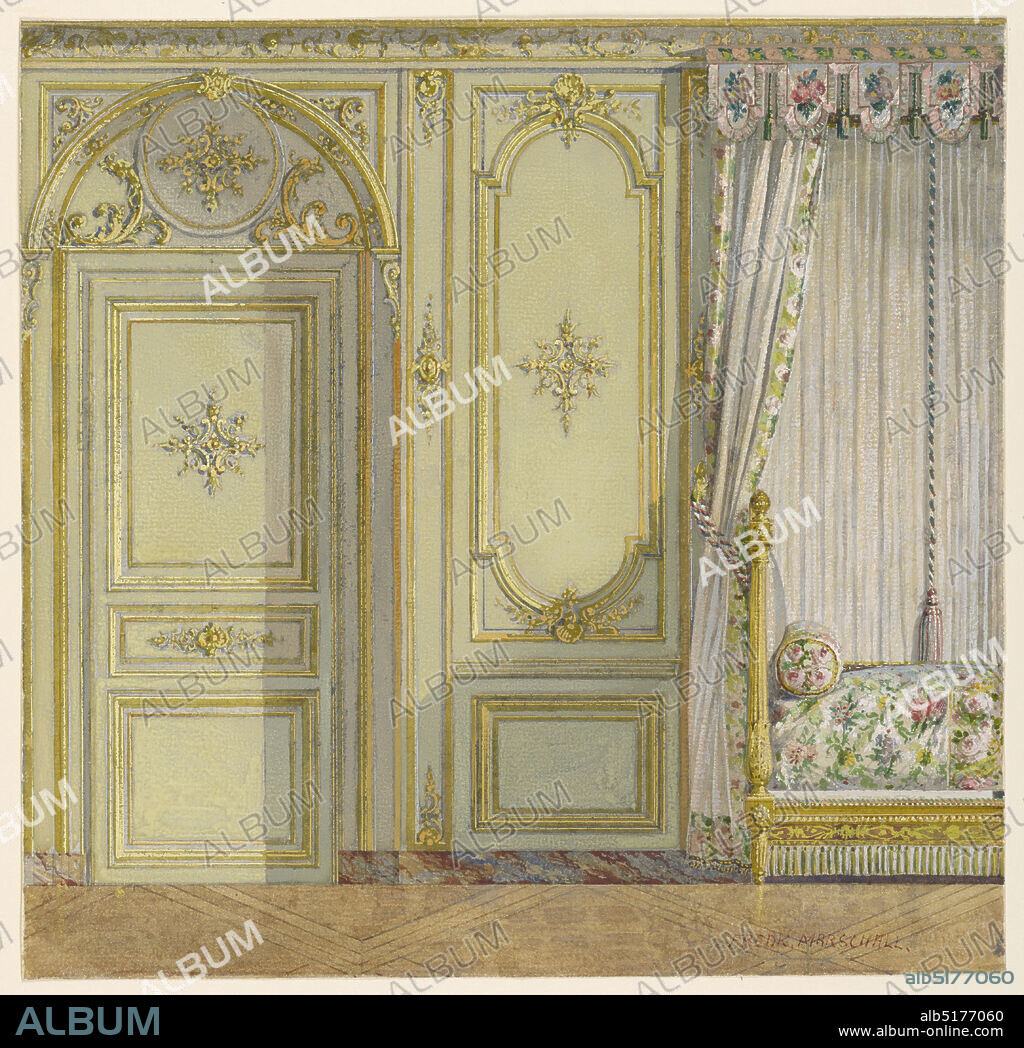 Detail, bed alcove, Palace of Fontainebleau, Frederick Marschall, Brush and watercolor, tempera, Chinese white on heavy paper, Elevation of section wall. Right, part of bed alcove; left, doorway. Marble dado, with wall surface above decorated with panels contained in narrow gold frames with central and symmetric use of rocaille motifs., USA, ca. 1885, interiors, Drawing, Drawing.