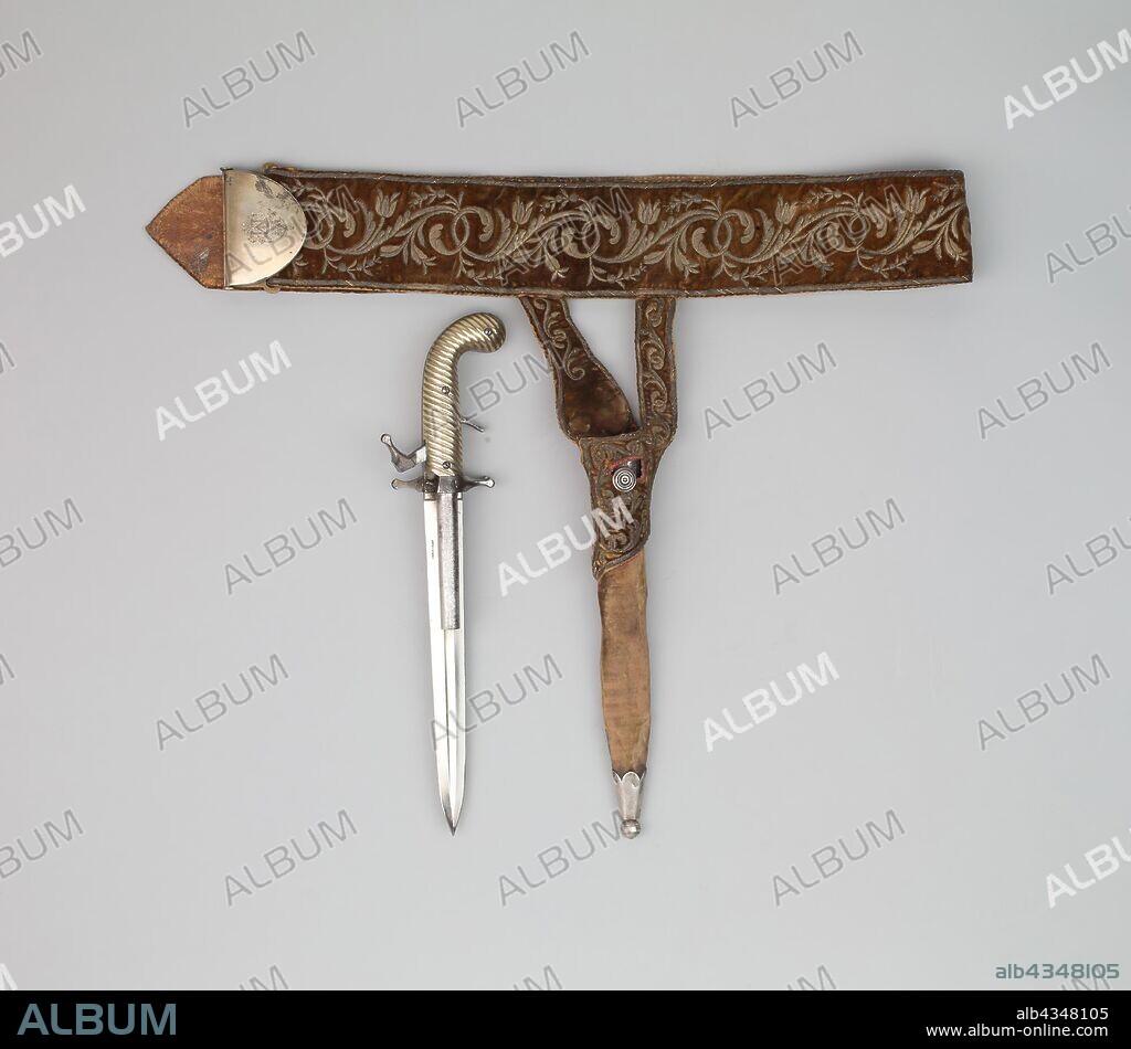 Combination Hunting Dagger and Double-Barrel Percussion Pistol, Sheath, and Belt of Emperor Maximilian of Mexico, 1864/67, Joseph-Celestin Dumouthier (French), France, Paris, active 1850–1900, Paris, Steel, brass, silver, gilding, leather, silk velvet, and silver-gilt thread, L. 33.4 cm (13 1/16 in.).