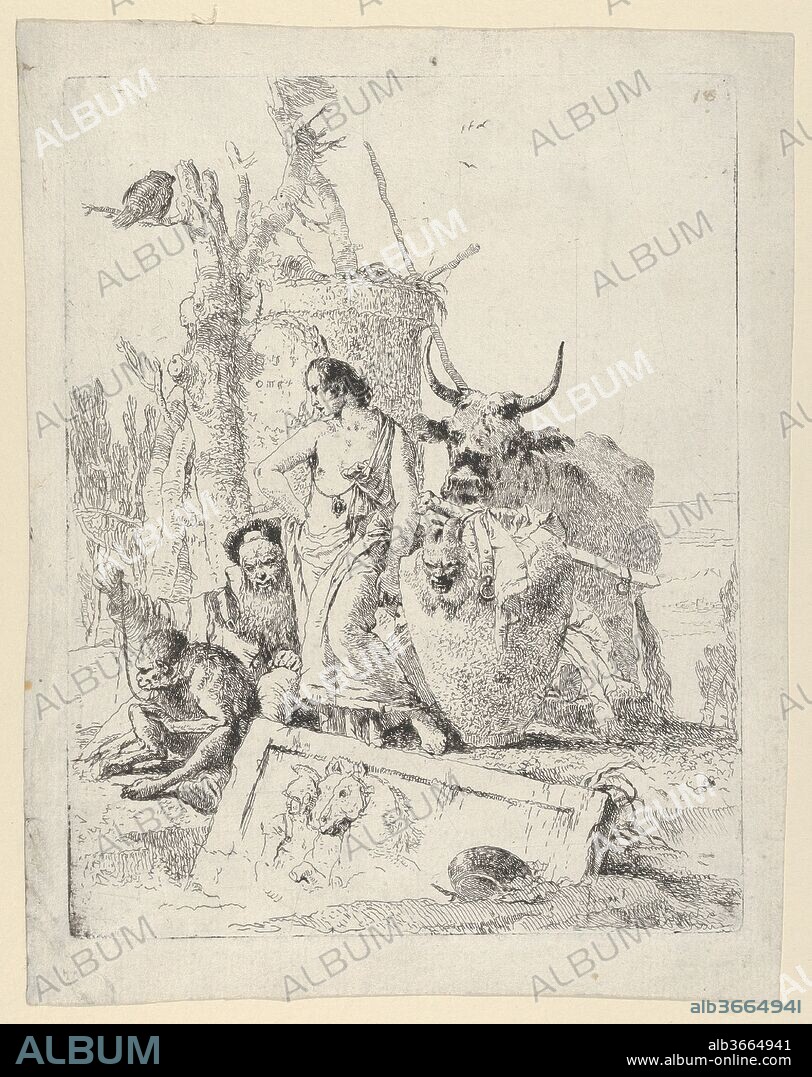 Young Shepherdess and old man with a Monkey, from the Scherzi. Artist: Giovanni Battista Tiepolo (Italian, Venice 1696-1770 Madrid). Dimensions: Plate: 8 7/8 x 7 in. (22.5 x 17.8 cm)
Sheet: 13 7/16 x 9 1/4 in. (34.1 x 23.5 cm). Date: ca. 1740.