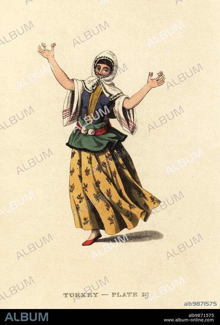 Female dancer of Constantinople. She wears a veil, loose clothes and finger cymbals. The dancing girls were usually slaves or the wives of Mahometan musicians. Handcoloured copperplate engraving after Octavian Dalvimart from William Alexanders translation of Picturesque Representations of the Dress and Manners of the Turks, Thomas MLean, London, 1814.