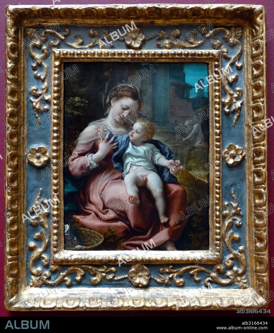 Painting titled 'The Madonna and the Basket' by Antonio da Correggio (1489-1534) painter of the Parma school of the Italian Renaissance. Dated 16th Century.