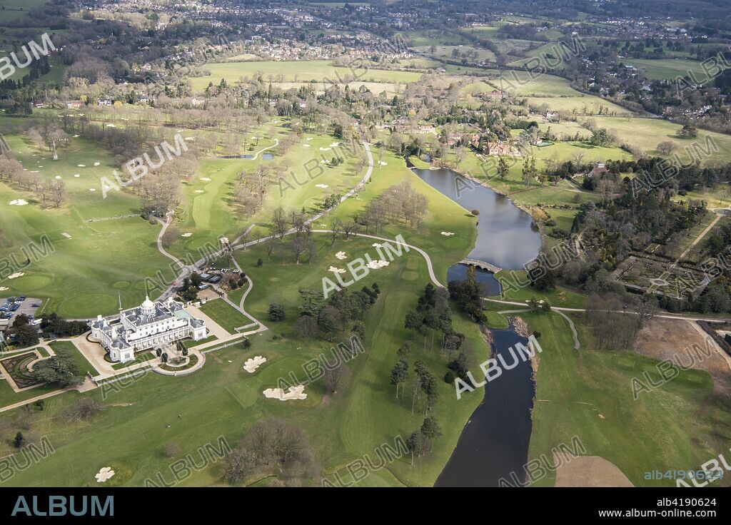 Stoke Park, Stoke Poges, Buckinghamshire, 2018. Stoke Park House is a mansion designed by James Wyatt in 1788. Part of the surrounding landscape park has been converted into a golf course which forms part of a luxury hotel, spa and country club.