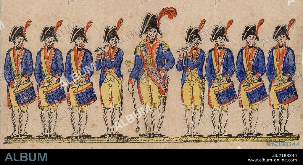 Recortable popular del Ejército español pintado a mano. Infantería. Banda de tambores, tambor mayor, trompetas y pífanos de la Guardia Real en 1802. Editado por Simó en Barcelona, años 1830.