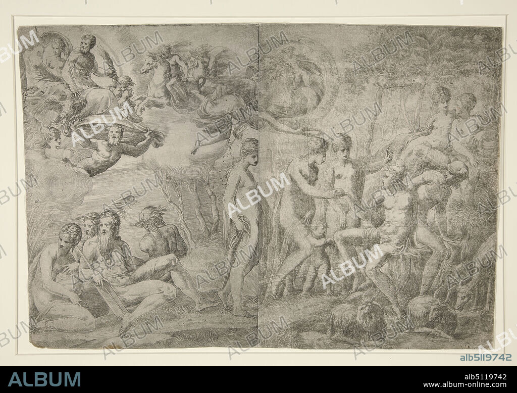 Etcher: Andrea Schiavone (Andrea Meldolla), Italian, ca. 15101563, After: Marcantonio Raimondi, Italian, ca. 1480ca. 1534, After: Raphael, Italian, 14831520, The Judgement of Paris, Etching on two plates, sheet: 29.7 × 43.3 cm (11 11/16 × 17 1/16 in.), Made in Italy, Italian, 16th century, Works on Paper - Prints.