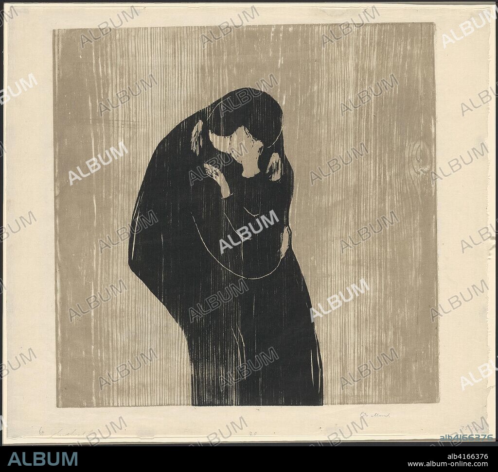 The Kiss IV. Edvard Munch; Norwegian, 1863-1944. Date: 1902. Dimensions: 471 x 472 mm (image); 525 x 494 mm (sheet). Woodcut printed from two blocks (one sawn into two sections) in gray-brown and black ink on cream Japanese paper. Origin: Norway.