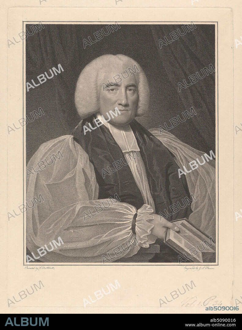 Richard Beadon, Bishop of Bath & Wells, George Siegmund Facius, 17501804, after Lemuel Francis Abbott, ca. 17601802, British, undated, Stipple engravaing on medium, slightly textured, cream, wove paper, Sheet: 16 1/2 × 12 1/16 inches (41.9 × 30.6 cm), Plate: 14 5/16 × 10 3/4 inches (36.4 × 27.3 cm), and Image: 11 3/8 × 9 1/16 inches (28.9 × 23 cm), book, man, portrait, religious and mythological subject, tippet, wig.