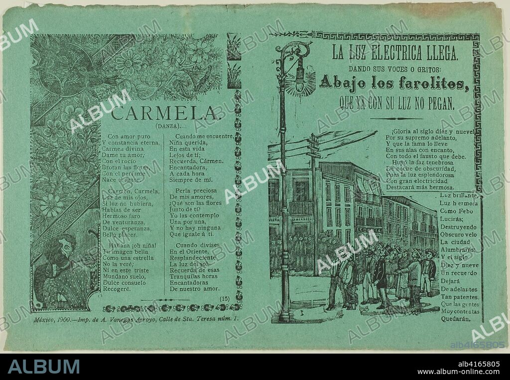 Electric Light Arrives. Manuel Manilla; Mexican, 1830-c. 1900. Date: 1900. Dimensions: 207 x 300 mm. Relief engraving or photo relief etching on green wove paper. Origin: Mexico.