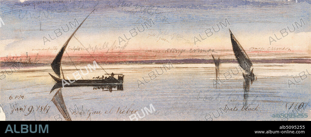 Near Gau el Kebir, Edward Lear, 18121888, British, 1867, Watercolor, graphite, cochineal, pen and brown ink on medium, slightly textured, cream, wove paper, mounted on thick, moderately textured, cream wove paper, Sheet: 2 3/4 x 7 inches (7 x 17.8 cm), boats, marine art, river, river, sails, sky, water, Africa, Nile, Qaw el Kebir, Upper Egypt.