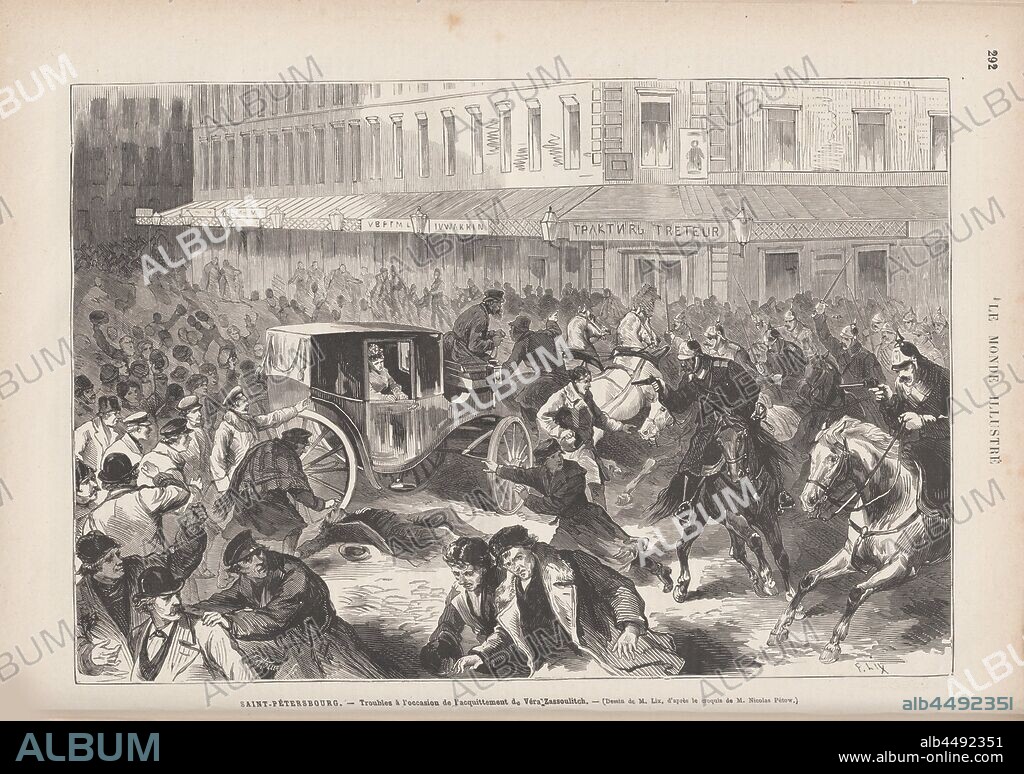 FRéDéRIC-THéODORE LIX. Vera Zasulich shoots on January 24, 1878 on the governor of Petersburg General Trepov. From "Le Monde Illustré".