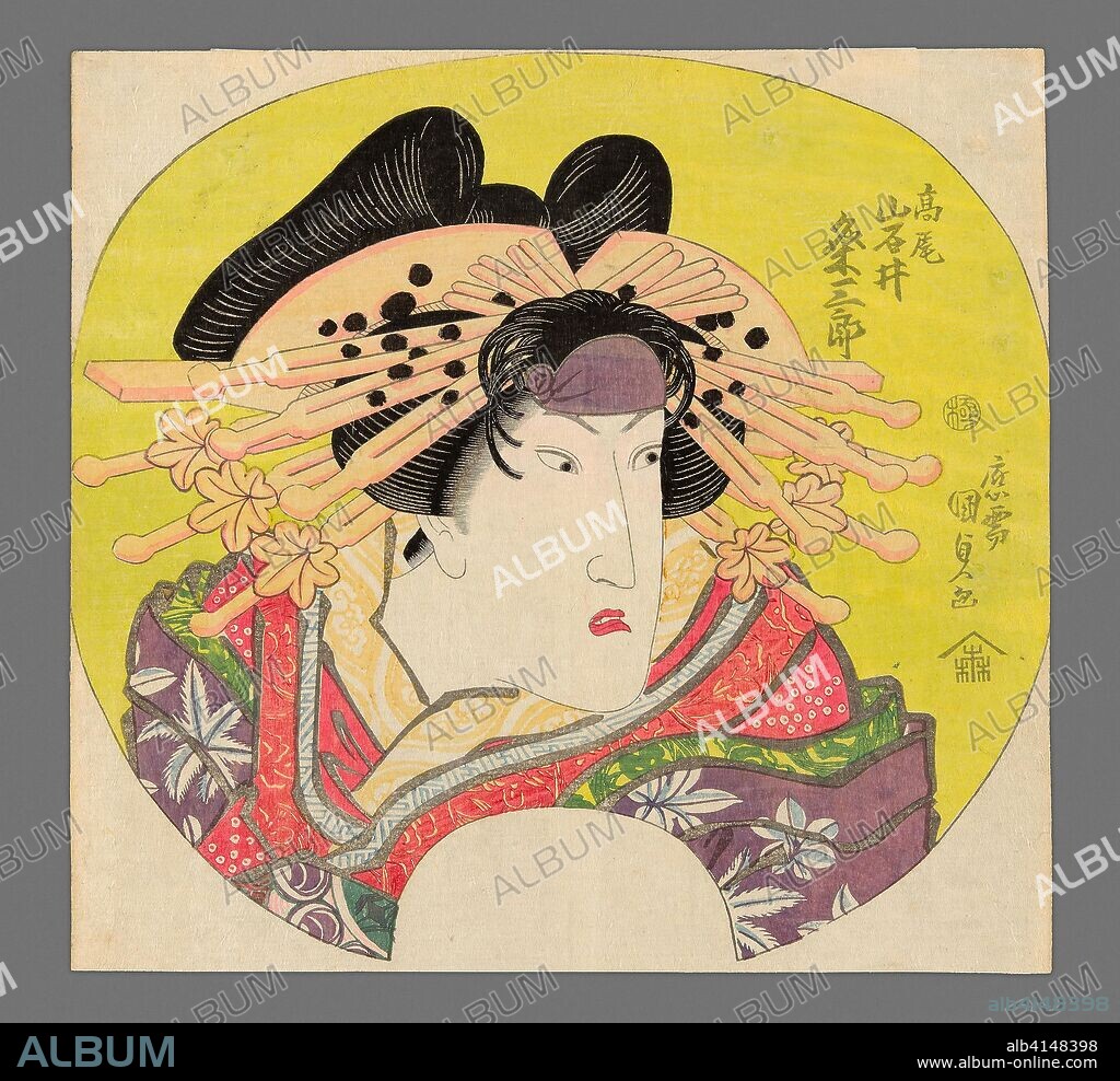 TOYOKUNI IV) UTAGAWA KUNISADA II (KUNIMASA III. Iwai Kumesaburo II as the Courtesan Takao in Banzei Okuni Kabuki. Utagawa Kunisada I; Japanese, 1786-1865. Date: 1822-1832. Dimensions: 24.2 x 25.5 cm (9 9/16 x 10 1/8 in.). Color woodblock print; uchiwa-e. Origin: Japan.