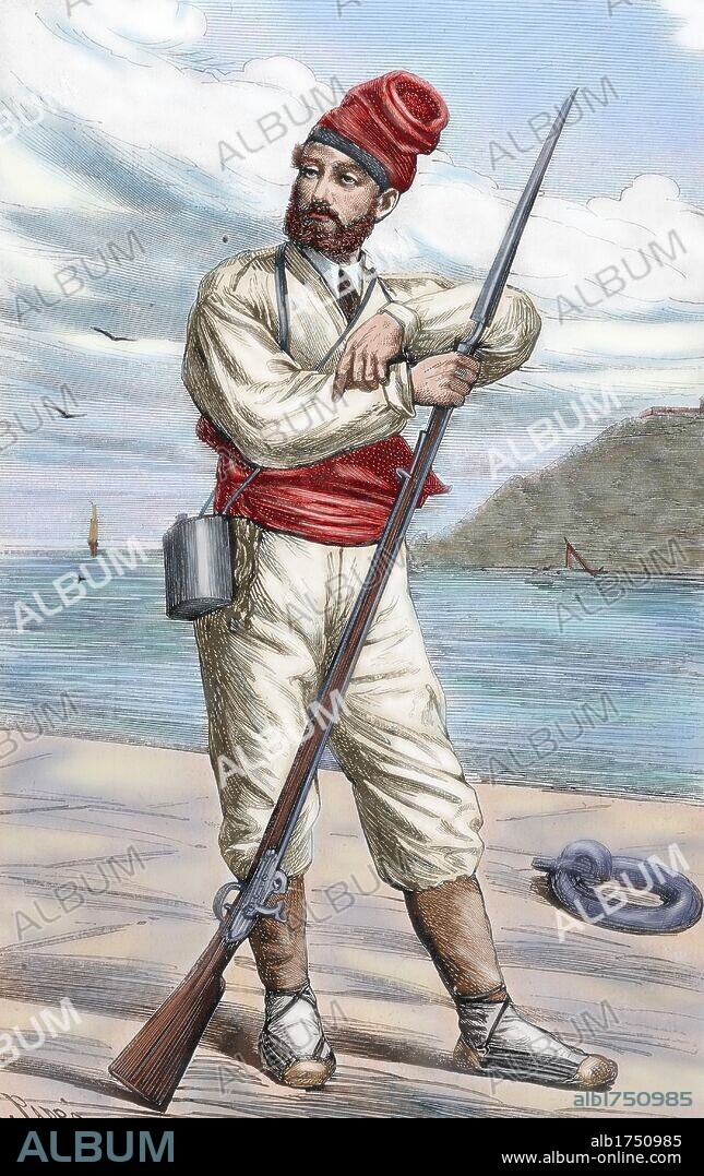 The Ten Years' War (1868Ð1878), also known as the Great War and the War of '68. It was the first of three liberation wars that Cuba fought against Spain. Catalan volunteer. Colored engraving. By Capuz. "The American and Spanish Illustration", 1872.