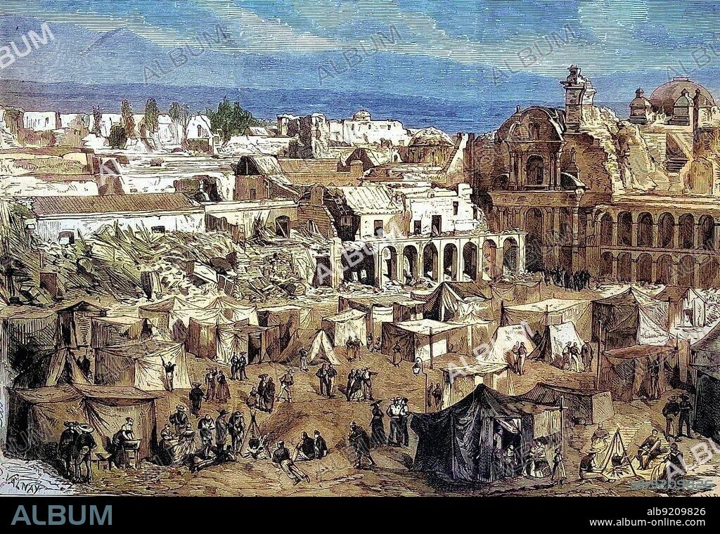 Arequipa, the capital of the Arequipa region of the same name in the south of the South American Andean state of Peru, after an earthquake, 1868, Historic, digitally restored reproduction of an original 19th century painting, exact original date not known
