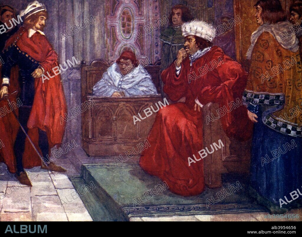 'For your contempt and disobedience I send you to prison, said Judge Gascoigne', 14th century, (1905). Prince Hal, the future King Henry IV, is sentenced to prison. Illustration from Our Island Story by H E Marshall, published by T C & E C Jack Ltd, (London and Edinburgh, 1905). The book gave a very biased and pro-British view of history.