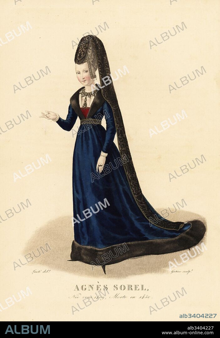 Agnes Sorel, Dame de beaute, mistress of King Charles VII of France, 1409-1450. She wears a tall brocade bonnet with long veil, necklace and velvet dress with fur trim, crakows or poulaines. Handcoloured copperplate engraving by Georges Jacques Gatine after an illustration by Louis Marie Lante from Galerie Francaise de Femmes Celebres, Paris, 1827.