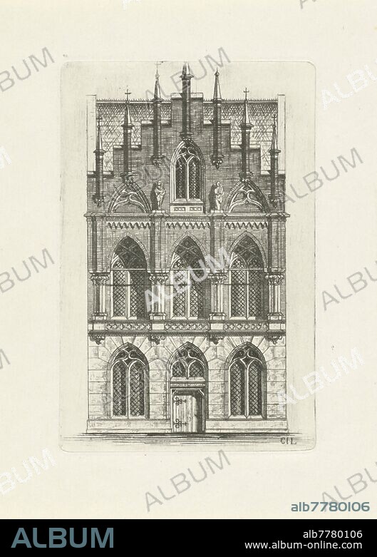 Gothic facade with seven pinnacles, Front view of a gothic house with seven pinnacles., architecture (Gothic art), Cornelis Johan Laarman (mentioned on object), 1854 - 1889, paper, etching, h 71 mm × w 109 mm.
