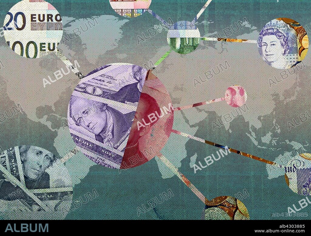 Network of foreign currency connected on world map.