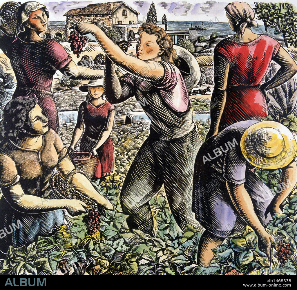 ARTE SIGLO XX. ESPAÑA. RICART, Enric Cristòfor (Vilanova y la Geltrú, 1893-1960). Grabador español. "LA VENDIMIA". Xilografía coloreada (1944). Biblioteca-Museo Víctor Balaguer. Vilanova i la Geltrú. Provincia de Barcelona. Cataluña.