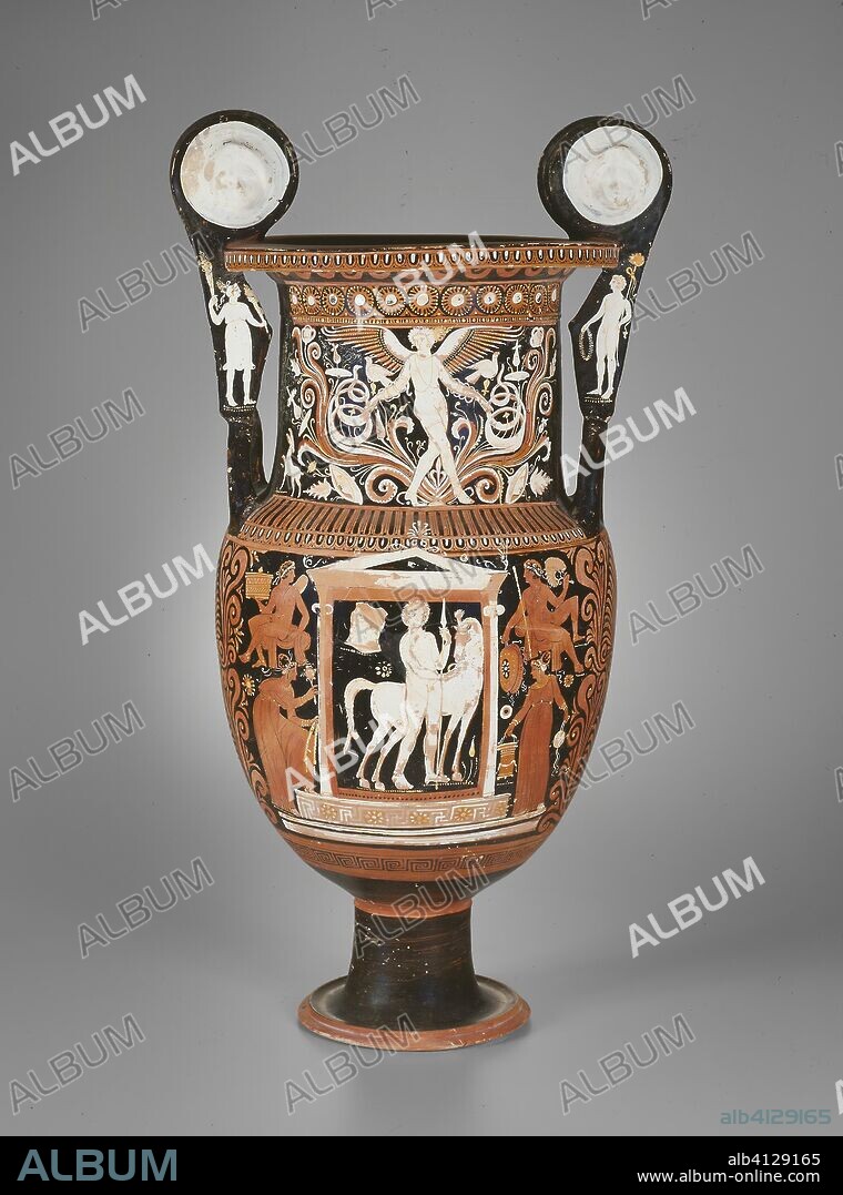 ANCIENT GREEK. Volute Krater (Mixing Bowl). Greek; Apulia, Italy; Attributed to the White Saccos Group. Date: 330 BC-320 BC. Dimensions: 85 x 45.2 x 36.8 cm (33 1/2 x 18 x 14 1/2 in.). Terra-cotta, decorated in the red-figure technique. Origin: Apulia.