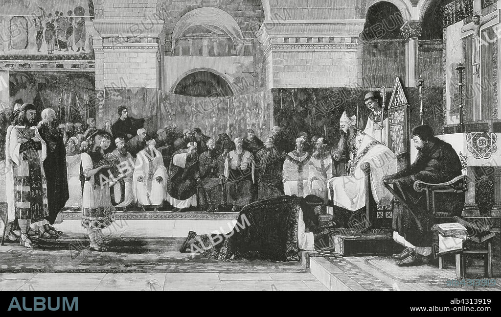 Sisenando (m. 636). Rey visigodo de Hispania (631-636). El rey Sisenando ante el IV Concilio de Toledo. Fue iniciado el 5 de diciembre de 633 en la iglesia de Santa Leocadia de Toledo, en presencia del rey Sisenando y bajo la dirección de Isidoro, obispo de Sevilla. Grabado a partir de un cuadro de Vayreda y Vila. La Ilustración Española y Americana, 30 de julio de 1884.