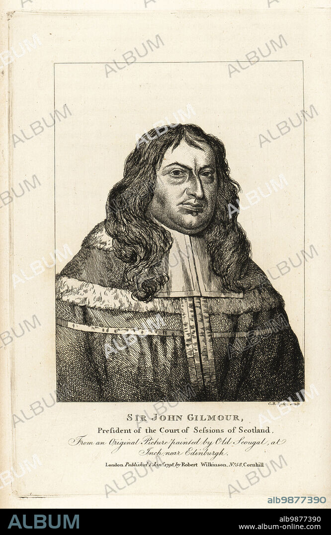 Sir John Gilmour of Craigmillar, Scottish judge and politician, 1605-1671. President of the Court of Sessions of Scotland. From an original picture painted by Old Scougal (David Scougall or John Scougal) at Inch, near Edinburgh. Copperplate engraving by Charles Reuben Ryley from John Smiths Iconographia Scotica, or portraits of illustrious persons of Scotland, Robert Wilkinson, 58 Cornhill, London, 1798.