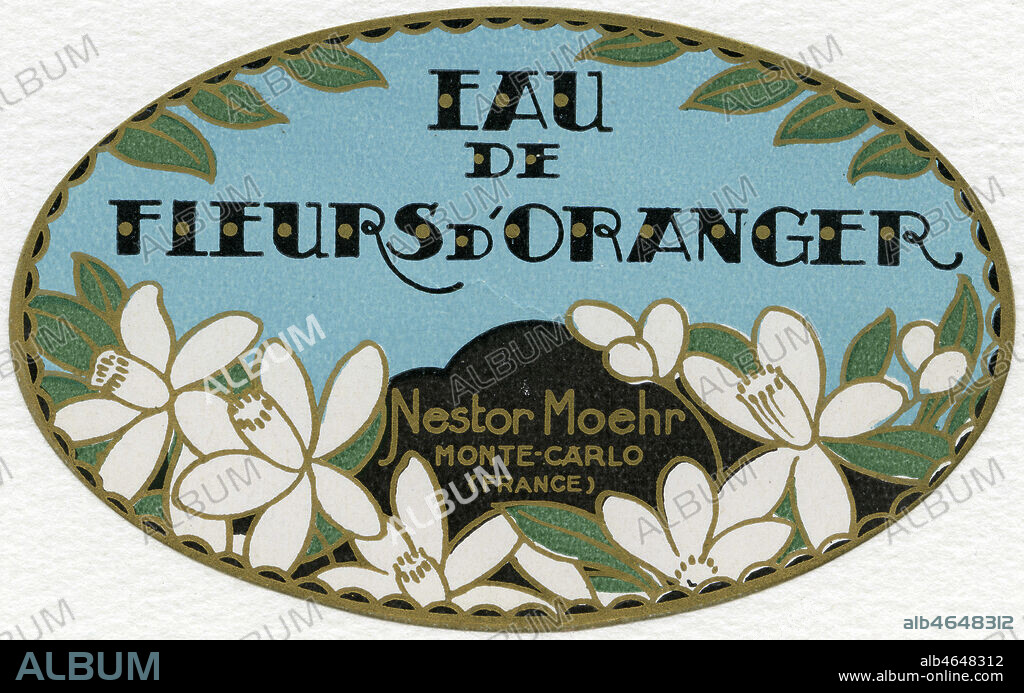 'Eau de fleurs d'oranger Nestor Moehr Monte Carlo'. Illustration anonyme pour une etiquette vers 1920. Credit : Collection IM/KHARBINE-TAPABOR.