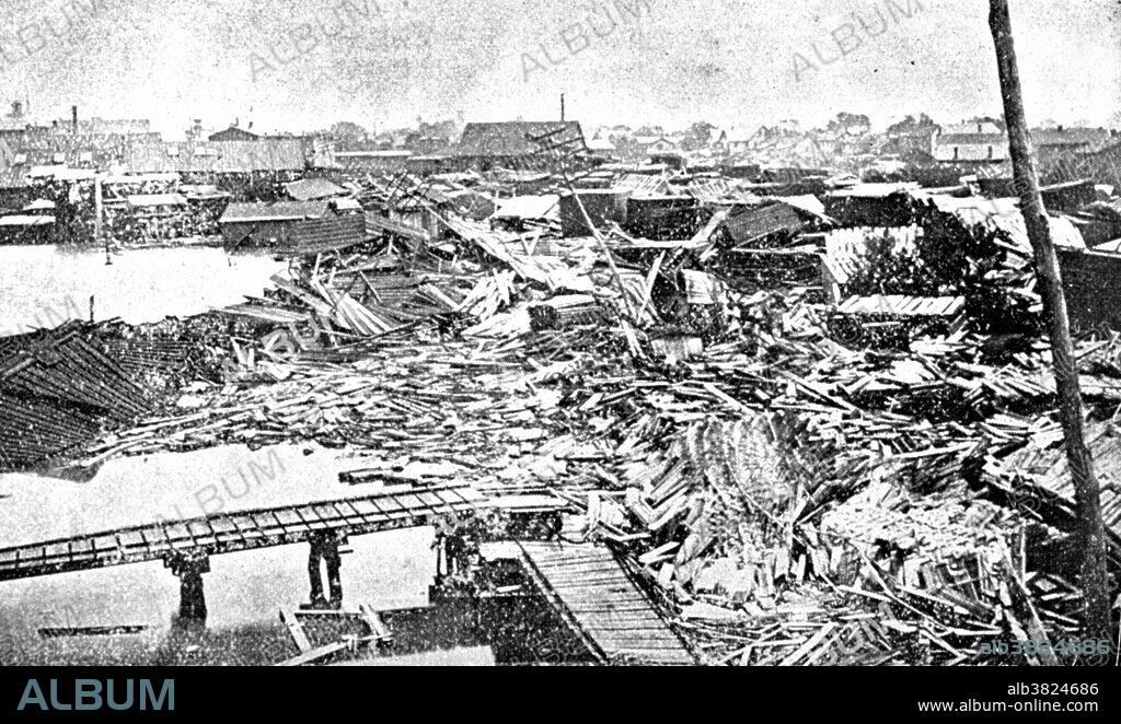 The Johnstown Flood (or Great Flood of 1889 as it became known locally) occurred on May 31, 1889. It was the result of the catastrophic failure of the South Fork Dam situated on the Little Conemaugh River 14 miles upstream of the town of Johnstown, Pennsylvania, made worse by several days of extremely heavy rainfall. The dam's failure unleashed a torrent of 20 million tons of water  from the reservoir known as Lake Conemaugh. The flood killed 2,209 people and caused $17 million in damages. It was the first major disaster relief effort handled by the new American Red Cross, led by Clara Barton. Support for victims came from all over the United States and 18 foreign countries. After the flood, survivors suffered a series of legal defeats in their attempts to recover damages from the dam's owners, prompting the development in American law changing a fault-based regime to strict liability. Photo originally captioned: The aftermath of the Johnstown Flood. "Wreck of the Lumber Yards at Williamsport, Pa." In: "History of the Johnstown Flood", by Willis Fletcher Johnson, 1889.