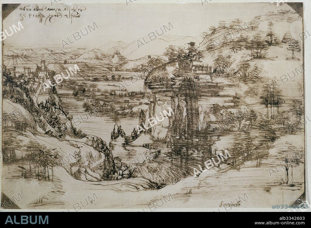 LEONARDO DA VINCI. Tuscan Landscape (Arno Valley landscape).