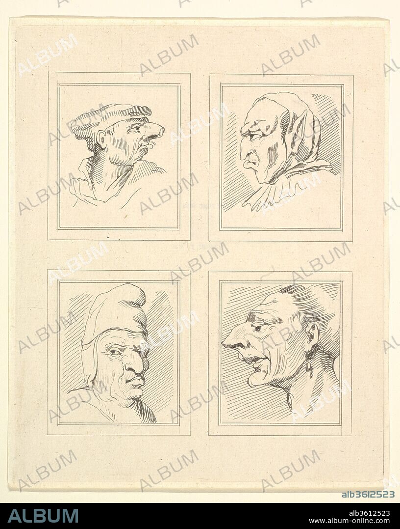 Four Heads (from Characaturas by Leonardo da Vinci, from Drawings by Wincelslaus Hollar, out of the Portland Museum). Artist: After Wenceslaus Hollar (Bohemian, Prague 1607-1677 London); After Leonardo da Vinci (Italian, Vinci 1452-1519 Amboise). Dimensions: Plate: 7 13/16 x 6 3/8 in. (19.8 x 16.2 cm)
Sheet: 7 15/16 x 6 9/16 in. (20.2 x 16.7 cm). Publisher: Published London by John Clarke (British, active 1788-91). Date: 1786.