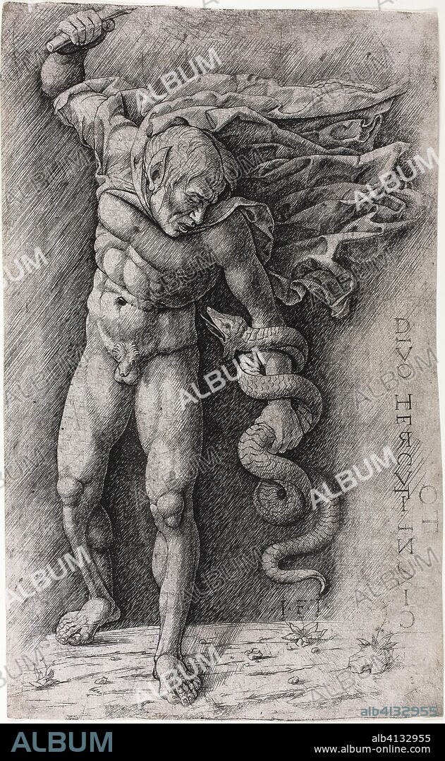 Faun Attacking a Snake. School of Andrea Mantegna; Italian, 1431-1506. Date: 1495-1505. Dimensions: 292 × 183 mm. Engraving in black on ivory laid paper. Origin: Italy.