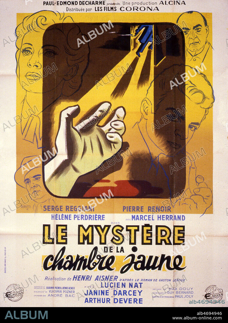 Affiche du film le mystere de la chambre jaune' realise en 1948 par Henri AISNER (20 s.) d'apres Gaston LEROUX (1868-1927) avec Serge REGGIANI (1922-2004), Pierre RENOIR (1885-1952) et Helene PERDRIERE (nee en 1912). Illustration de CERUTTI. Credit : Coll. Perron/KHARBINE-TAPABOR.