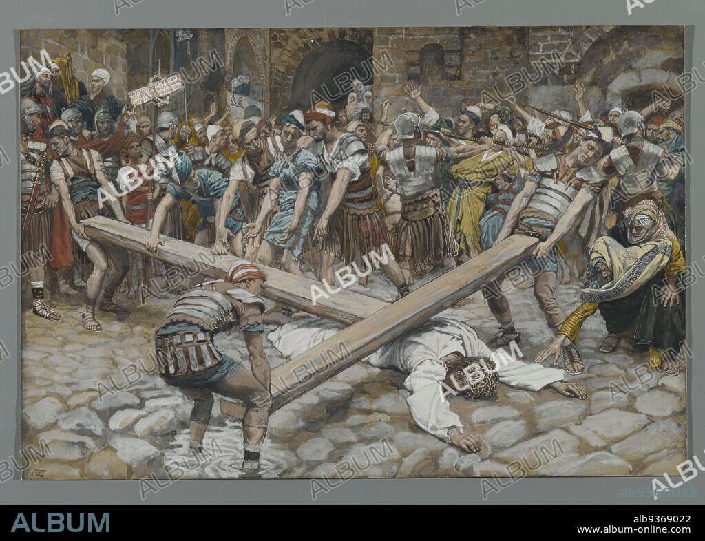 Simon the Cyrenian Compelled to Carry the Cross with Jesus, Simon de Cyrène contraint de porter la Croix avec Jésus, The Life of Our Lord Jesus Christ, La Vie de Notre-Seigneur Jésus-Christ, James Tissot, French, 1836-1902, Opaque watercolor over graphite on gray wove paper, France, 1886-1894, Image: 7 15/16 x 11 11/16 in., 20.2 x 29.7 cm, bible, biblical, catholicism, christ, Christianity, cross, crowd scene, crown, French, French artist, Good Firday, Jesus, Mark 15:21, messiah, New Testament, Passion, religion, religious, stations, Stations of the Cross, Tissot, Via Dolorosa.
