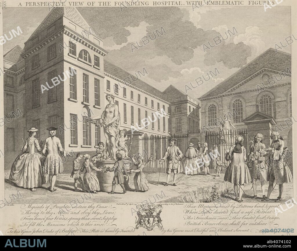 SAMUEL WALE. A view of the Foundling Hospital, with emblematic figures. A perspective View of the Foundling Hospital, with emblematic figures. Margrett Granville, 1749. Source: Maps K.Top.25.23.c. Language: English.