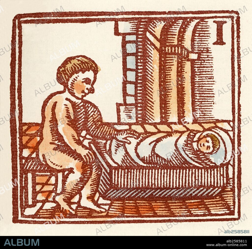 Auca dels Jocs de la Mainada. Juegos y entretenimientos infantiles del siglo XVIII. L'infant al bressol. Un recién nacido meciéndose en la cuna.