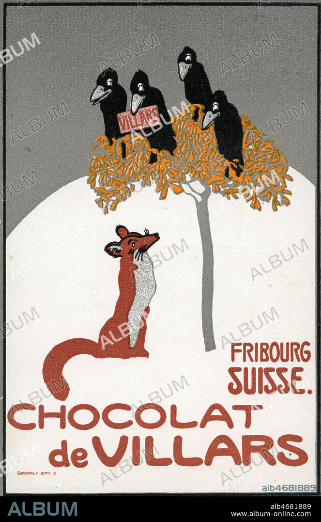 'Chocolat de VILLARS, Fribourg, Suisse' : renard face a des corbeaux, dont un tient une tablette de chocolat dans son bec. Parodie de la fable de LA FONTAINE (1621-1695) 'Le corbeau et le renard'. Carte postale publicitaire vers 1911. Illustration anonyme. Credit : Collection IM/KHARBINE-TAPABOR.