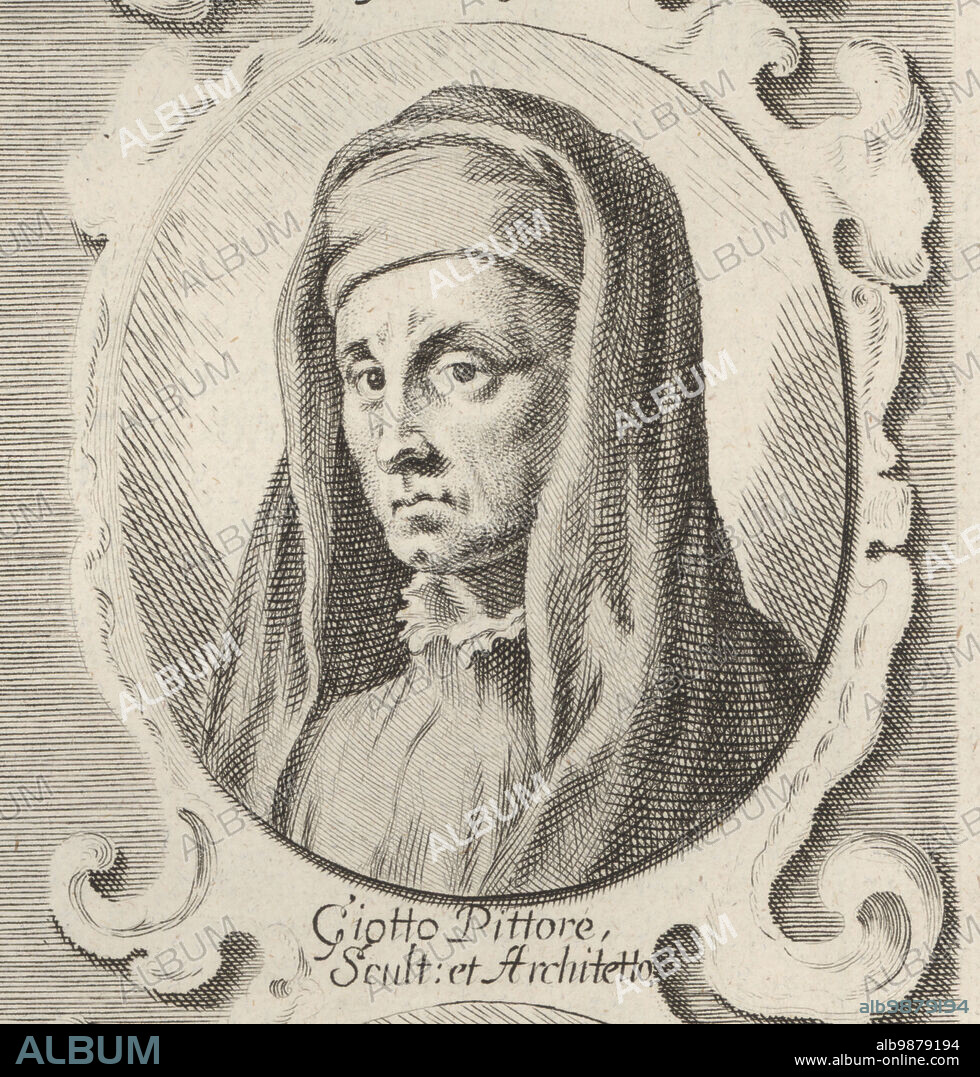 Giotto di Bondone, Italian painter and architect from Florence, c.1267-1337. Giotto, Pittore, Scult. et Architetto. Copperplate engraving by Georg Christoph Eimmart after an illustration by Joachim von Sandrart from his LAcademia Todesca, della Architectura, Scultura & Pittura, oder Teutsche Academie, der Edlen Bau- Bild- und Mahlerey-Kunste, German Academy of Architecture, Sculpture and Painting, Jacob von Sandrart, Nuremberg, 1675.