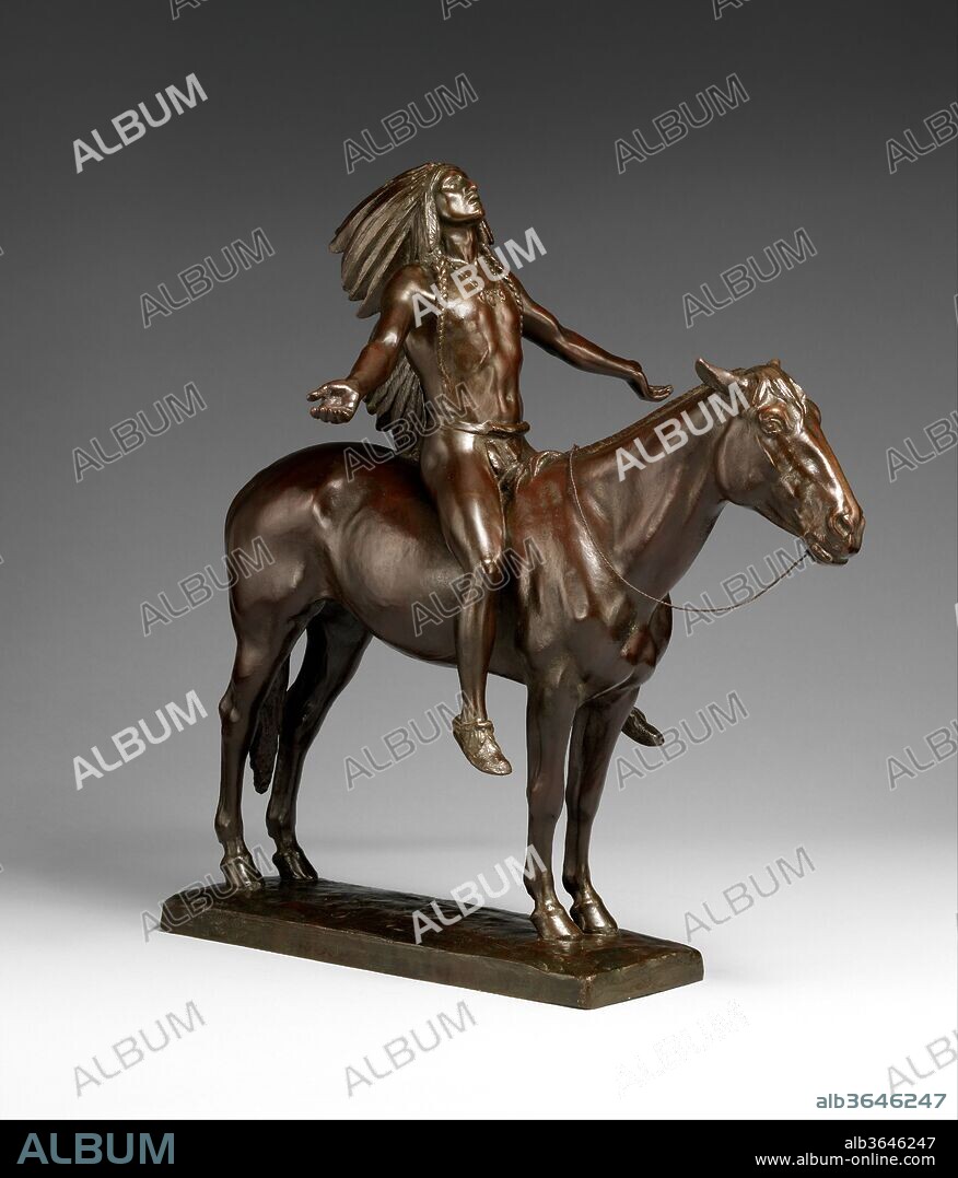 Appeal to the Great Spirit. Artist: Cyrus Edwin Dallin (Springville, Utah 1861-1944 Arlington Heights, Massachusetts). Dimensions: 21 3/8 × 14 1/2 × 21 3/4 in. (54.3 × 36.8 × 55.2 cm). Date: 1913; cast ca. 1916.
Born in Utah Territory and trained in Paris and Boston, Cyrus Edwin Dallin is best known for his dignified sculptures of American Indians. Appeal to the Great Spirit is an iconic representation of a mounted chief, his arms spread wide in a moment of individual communion with a higher power. In Dallin's own words, he captured the moment when the chief made his "final appeal to the Great Spirit for peace with the white man" after "his signal of peace...had been rejected." This statuette is a reduced version of a life-size monument installed in front of the Museum of Fine Arts in Boston in 1912. It is the fourth and final in a series of equestrian sculptures that Dallin completed between 1890 and 1909, which he collectively called The Epic of the Indian. In the first quarter of the twentieth century, over 400 authorized small-scale bronze casts of Appeal to the Great Spirit were produced, in three different sizes, testament to the commercial popularity of sculptures depicting the Old West.