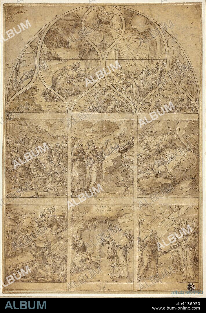 THE YOUNGER JEAN COUSIN. Design for a Stained Glass Window with the Story of Aaron. Jean Cousin, the younger; French, c. 1522-1594. Date: 1522-1594. Dimensions: 382 × 262 mm. Pen and brown ink and brush and brown wash, on tan laid paper, laid down on cream laid paper. Origin: France.
