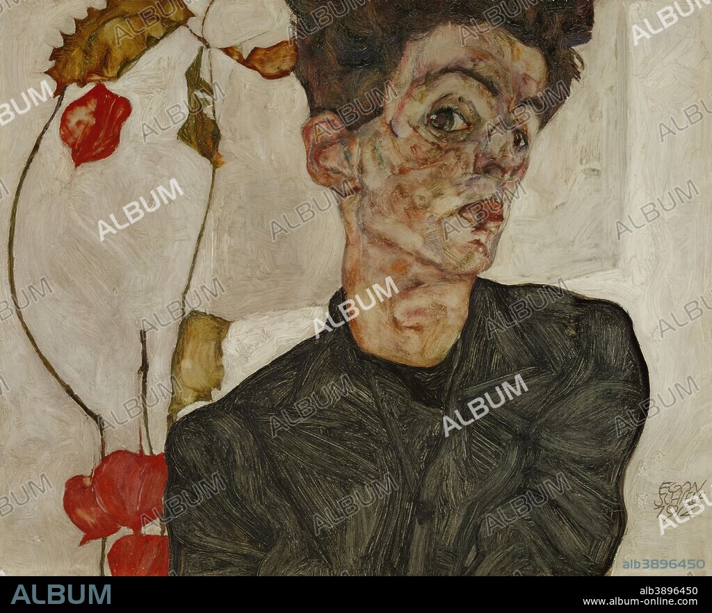 EGON SCHIELE. Selbstbildnis mit Lampionfrüchten / Self-Portrait with Physalis. Date/Period: 1912. Painting. Height: 322 mm (12.67 in); Width: 398 mm (15.66 in).