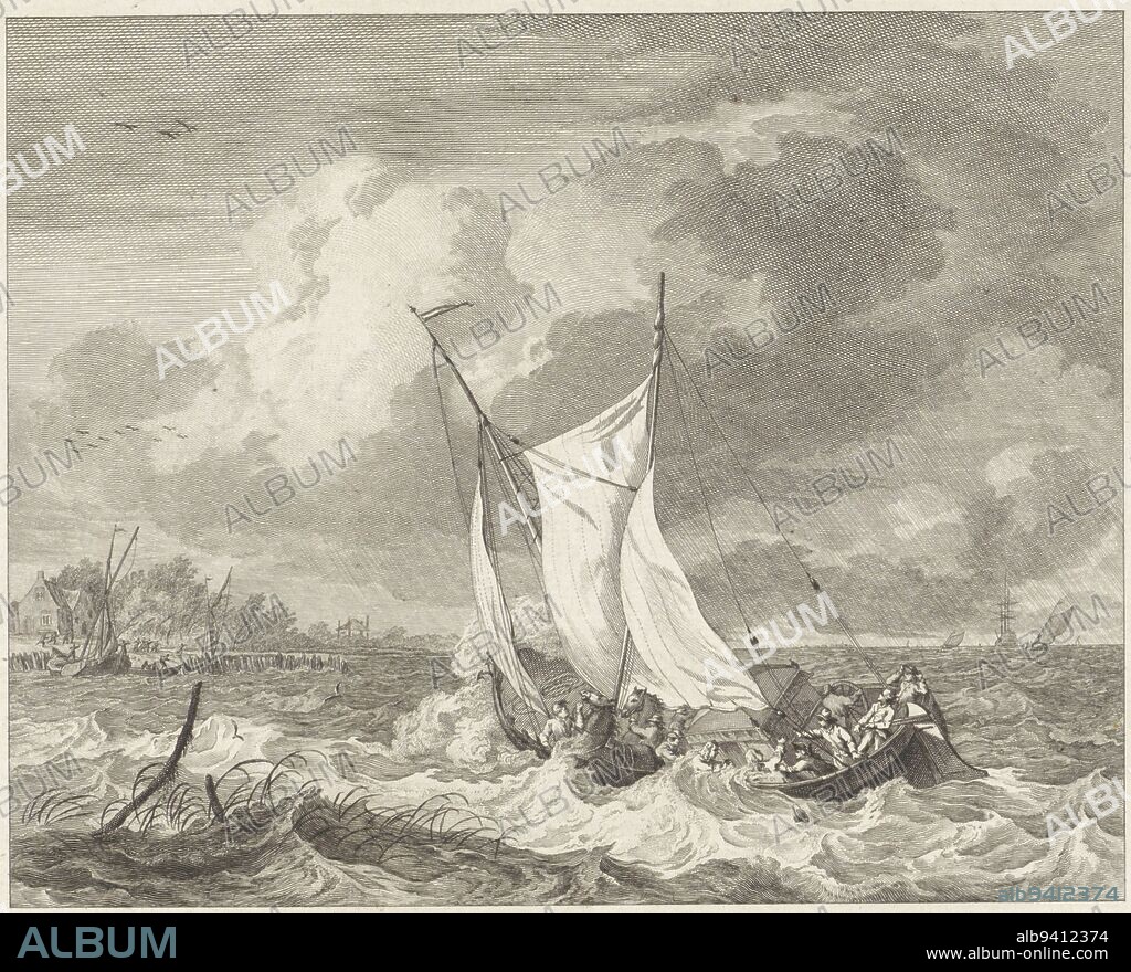 Drowning death of Prince Johan Willem Friso, 1711, Reinier Vinkeles (I), after Hendrik Kobell, 1776, Johan Willem Friso, Prince of Orange-Nassau, drowns while crossing the Moerdijk when the boat gets into trouble during heavy weather on 14 July 1711., print maker: Reinier Vinkeles (I), intermediary draughtsman: Hendrik Kobell, Amsterdam, 1776, paper, etching, engraving, h 227 mm × w 278 mm.