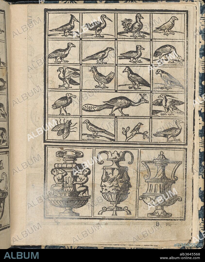 Essempio di recammi, page 12 (recto). Author: Giovanni Antonio Tagliente (Italian, Venice ca. 1465-1528 Venice). Dimensions: Overall: 7 13/16 x 6 3/16 x 3/8 in. (19.8 x 15.7 x 1 cm). Publisher: Giovanni Antonio di Nicolini da Sabio e i fratelli (Italian, active Venice, ca. 1522-1545) , Venice. Date: 1530.
Written by Giovanni Antonio Tagliente, Italian, Venice ca. 1465-1527 Venice, published by Giovanantonio e i fratelli da Sabbio Venice. 
From top to bottom, and left to right:
Design composed of 2 horizontal registers divided into various rectangular sections.  19 rectangles make up top register containing illustrations of various birds, except for rectangle at lower left, which has an illustration of a fly.  Bottom register is divided into 3 vertical sections, each illustrated with a different ornamented urn.