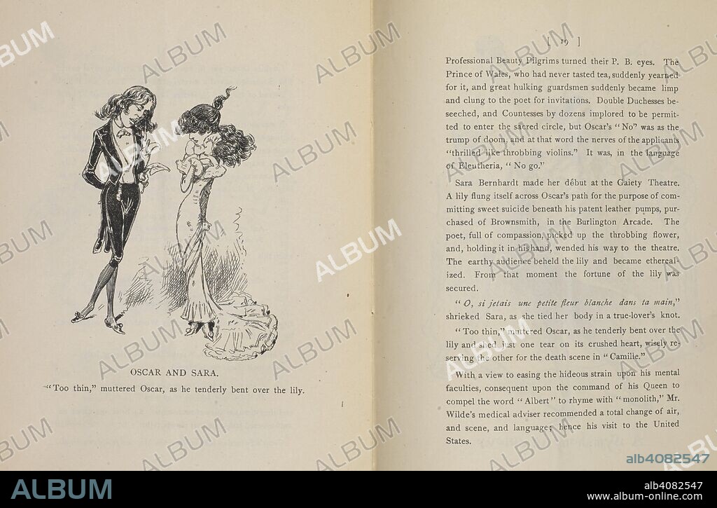CHARLES KENDRICK. 'Oscar and Sara.' A caricature of Oscar Wilde and Sarah Bernhardt. Ye soul agonies in ye life of Oscar Wilde/ illustrated by Chas. Kendrick. New York: s.n. 1882. Source: Eccles 775 page 18 - 19.