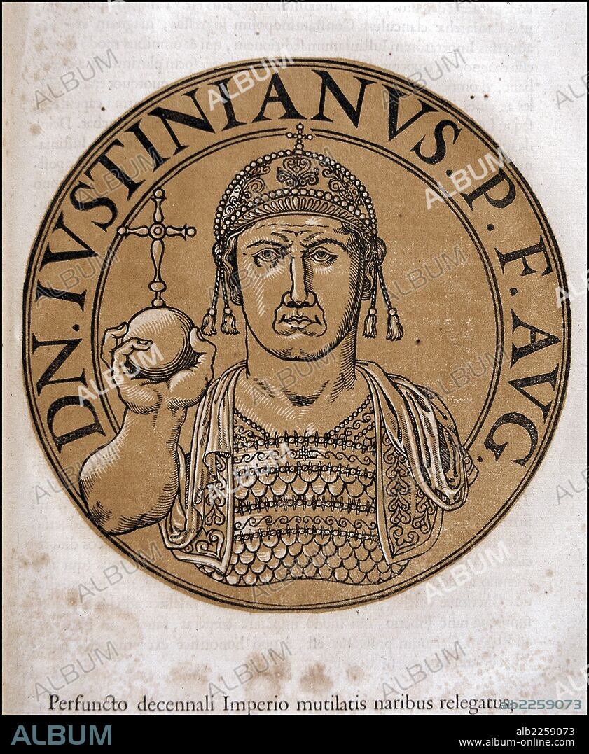 JUSTINIAN I. JUSTINIANO I (FLAVIUS PETRUS SABBATIUS LUSTINIANUS) 483 - 565. EMPERADOR DE LOS ROMANOS. GRABADO. BIBLIOTECA NACIONAL DE MADRID.