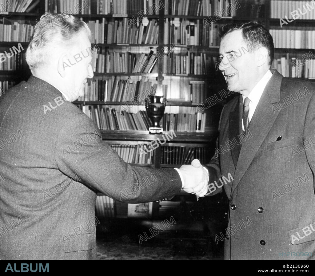 Soviet Foreign Minister Andrei Andreievich Gromyko, Was Received By Czechoslovak President Antonin Novotny (Left), At The Prague Castle, Dec. 13Th, 1965. (Photo by: Sovfoto/UIG via Getty Images).