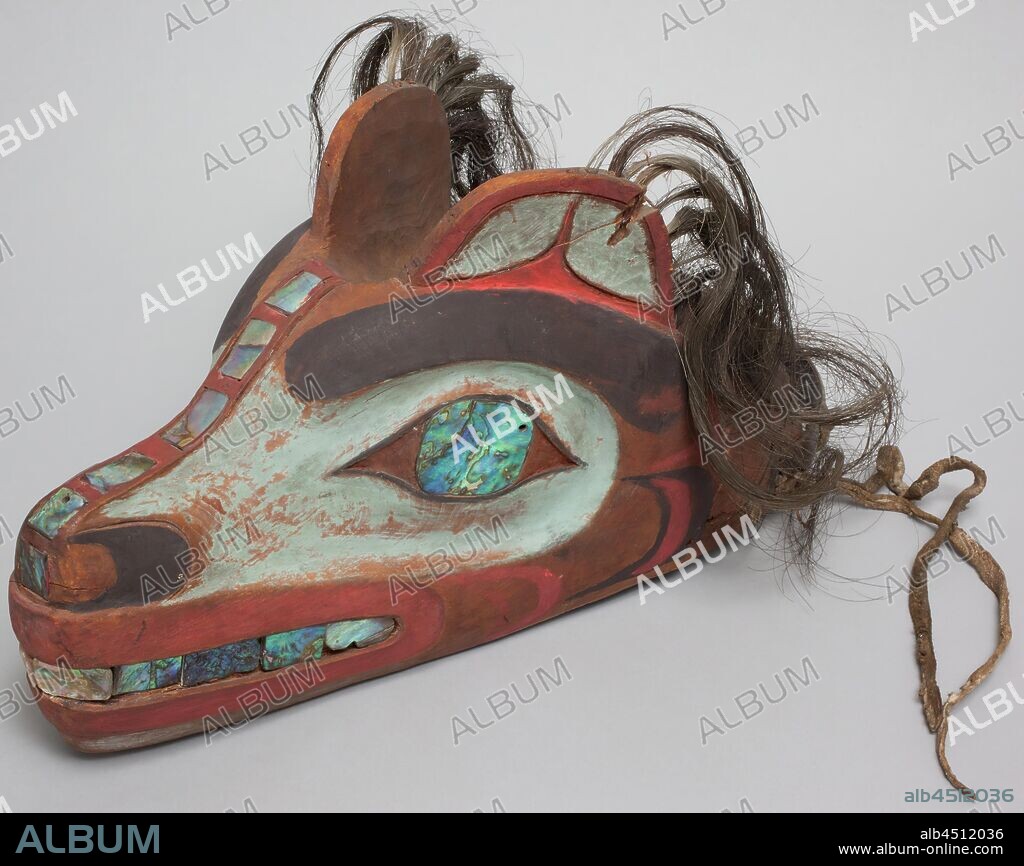 Tlingit, Native American, Wolf Hat, ca. 1880, wood (possibly cedar), human hair, marine shell, leather ties, and paint, Overall: 6 5/8 × 13 7/8 × 6 7/8 inches (16.8 × 35.2 × 17.5 cm).