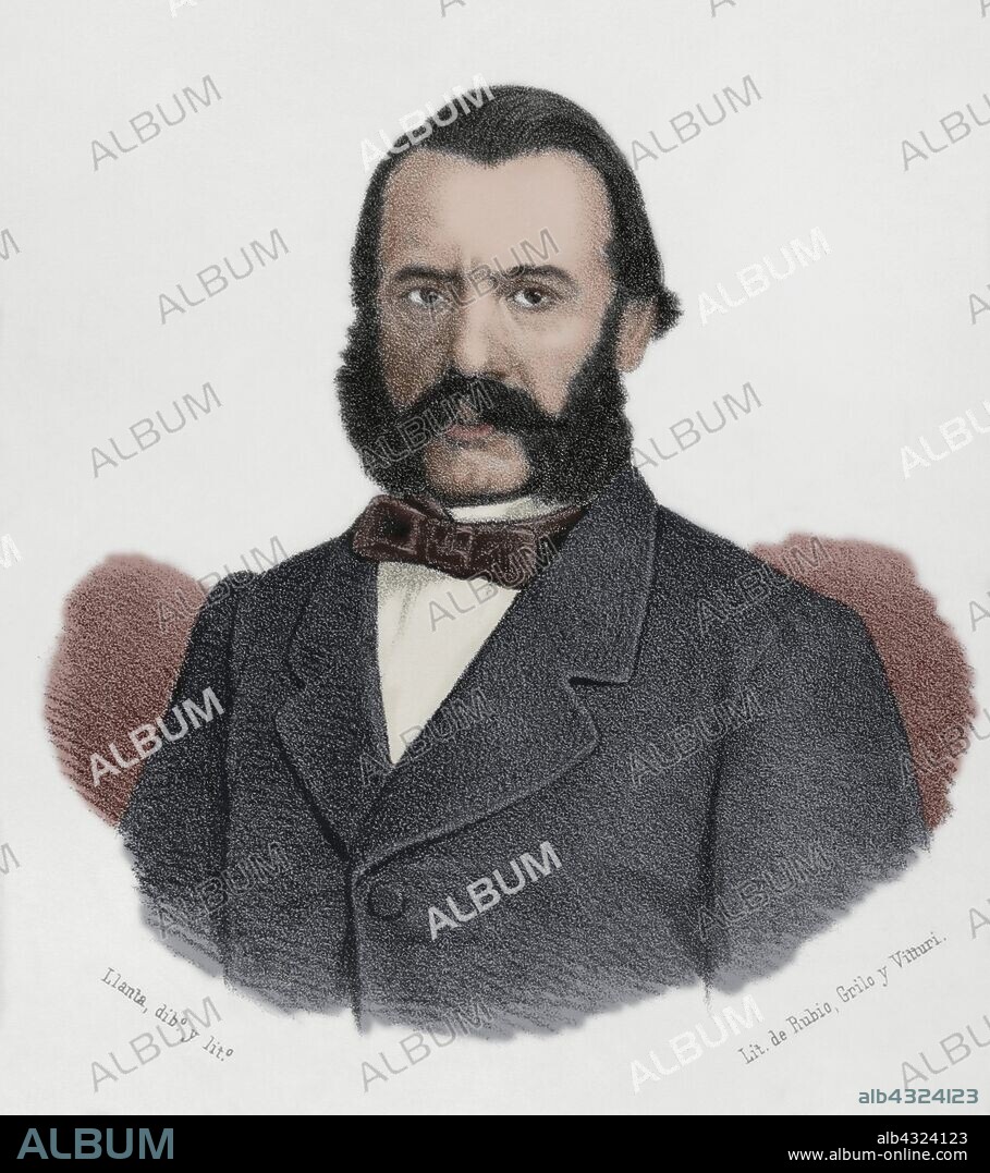 Antonio Sánchez del Río y López de la Rosa, conocido por Antonio de los Ríos Rosas (1812-1873). Orador, jurista y político español, presidente del Congreso de los Diputados durante 1863-1864,1865-1866 y 1872. Dibujo por Llanta. Retrato. Litografía. Crónica General de España, Historia Ilustrada y Descriptiva de sus Provincias. Andalucía, 1869. Coloreado.