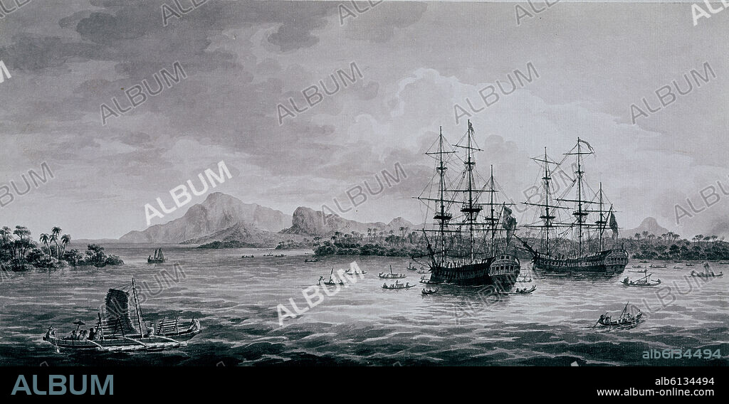 FERNANDO BRAMBILA. PUERTO DE PALAPA EN LA ISLA DE SAMAR - FILIPINAS - S XVIII - PLUMA Y AGUADA DE TINTA CHINA.