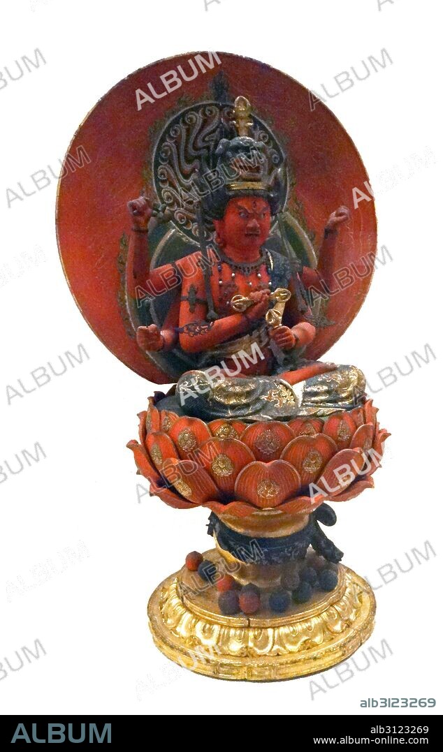 A Japanese painted wooden figurine of Aizen Myo'o 'Passionate King of Light' a dharmapala deity from the Esoteric and Vajrayana Buddhism. Dated 15th Century.