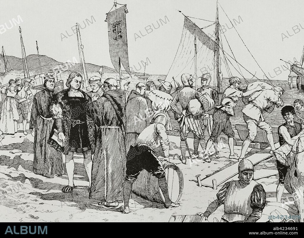 Embarque de Cristobal Colón hacia las Indias en el Puerto de Palos de la Frontera, el 3 de agosto de 1492. Huelva, España. Grabado, detalle. "Museo Militar del Ejército Español", Tomo I. Evaristo Ullastres Editor. Barcelona, 1883. Biblioteca Histórico Militar de Barcelona, Cataluña, España.