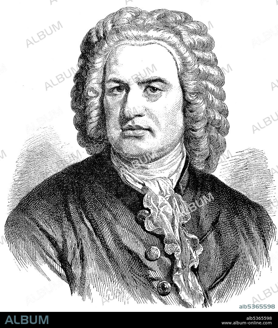 Historical drawing from the 19th Century, portrait of Johann Sebastian Bach, 1685-1750, German composer, organ and piano virtuoso of the Baroque.