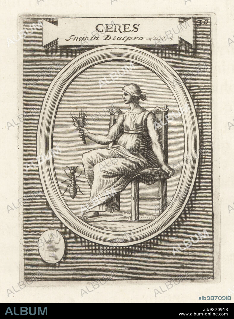 Ceres, Roman goddess of grain and agriculture. Seated on a chair holding ears of wheat. Zerene or the Macedonian goddess Zeirene Eleusia to the Etruscans. From an engraved jasper gem. Ceres Incis. in Diaspro. Copperplate engraving from Francesco Valesio, Antonio Gori and Ridolfino Venutis Academia Etrusca, Museum Cortonense in quo Vetera Monumenta, (Etruscan Academy or Museum of Cortona), Faustus Amideus, Rome, 1750.